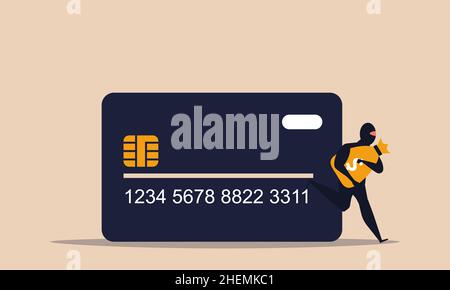 Data robbery and crime fraud with credit card and thief. Man with mask hack password and steal access vector illustration concept. Cartoon character b Stock Vector