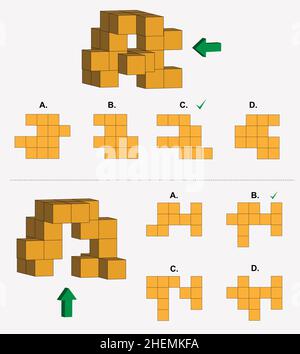 Set of two IQ exam questions with a given object made of cubes and four options as side views Stock Vector