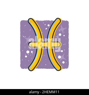 Pisces - Zodiac signs. Yellow cartoon symbol on purple background Stock Vector