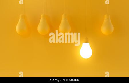 Hanging light bulbs with glowing one different idea on pink background ...