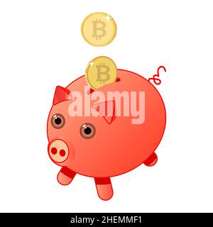 Piggy bank with bitcoin coins isolated on white background. Saving cryptocurrency concept. Vector illustration Stock Vector