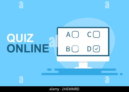 Online quiz. Desktop PC with online quiz. Form checklist on screen Stock Vector