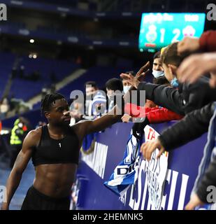 Sabadell, Barcelona, Spain. 10th Jan, 2022. Barcelona Spain 10.01.2022 Landry Dimata (Espanyol Barcelona) gestures during the La Liga Santander between Espanyol and Elche CF at RCDE Stadium on 10 January 2022 in Barcelona. (Credit Image: © Xavi Urgeles/ZUMA Press Wire) Stock Photo