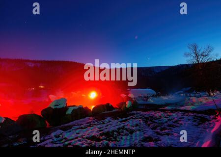 Night starry view of hot spring in Chena Hot Springs Resort at Fairbanks, Alaska Stock Photo