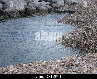 Abstract impression of a water pool surrounded with gravel and rocks. Stock Photo
