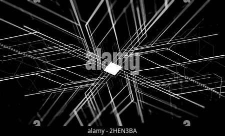 Process of automatically signal transmission on black background. The movement and processing of data inside a server or computer. Stock Photo