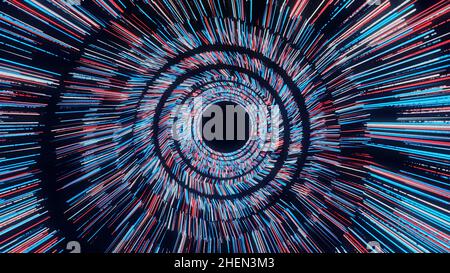 Abstract vortex of blue and red circles spinning on black background, seamless loop. Big and small rotating circles of narrow lines forming a funnel. Stock Photo