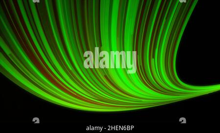 3D green tail formed by narrow lines flowing on black background. Neon colorful rays flow in an arcuate trajectory, bended lines looking like a part o Stock Photo