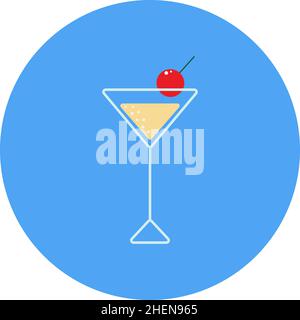 Filled triangular cocktail glass with a cherry on a blue circle background. Vector illustration. Stock Vector