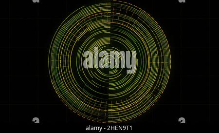 Abstract rotating radar on the screen. Working searching program with spinning circles isolated on black background, seamless loop, futuristic navigat Stock Photo