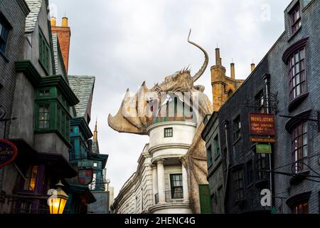 Orlando, USA – July 17, 2021: The Dragon at the Gringotts Bank in Diagon Alley at The Wizarding World Of Harry Potter in Universal Studio Orlando Stock Photo