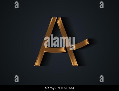 letter A stylized 3d golden symbol with shadow, gold minimal logo design template. Vector letter icon isolated on black background Stock Vector