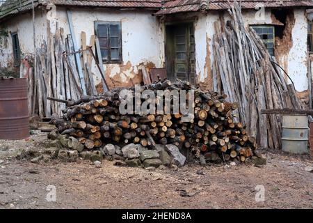 A large pile with cut trees and stumps lined up in front of an old house in the village Stock Photo
