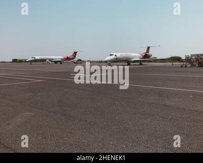 Djibouti, Djibouti - May 21, 2021: Two Air Djibouti jet parked in Djibouti Ambouli International Airport. Editorial shot in Djibouti. Stock Photo