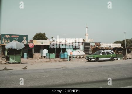 Djibouti, Djibouti - May 21, 2021: Old and poor Djiboutian shops in Djibouti. Editorial shot in Djibouti Stock Photo