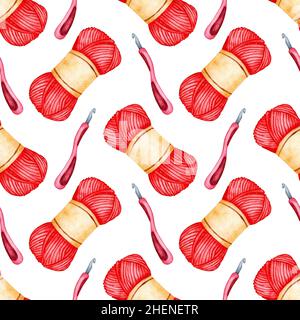 Watercolor pattern knitting tools seamless, repeating pattern. Wooden  knitting needles, crochet hook, skeins of woolen yarn, button, pin,  scissors. De Stock Photo - Alamy