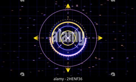 Digitally generated animation of targeting system with a yellow and blue glow and program codes running on black background, seamless loop. Technology Stock Photo