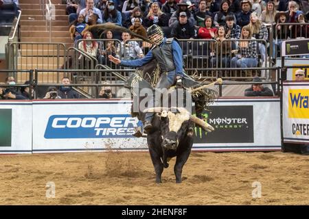 New York, United States. 08th Jan, 2022. Kyler Oliver rides Bentley for the win during the Professional Bull Riders 2022 Unleash The Beast event at Madison Square Garden in New York City. Credit: SOPA Images Limited/Alamy Live News Stock Photo