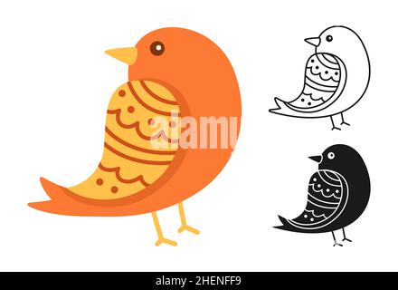 Bird with cartoon or stamp, different ornaments doodle outline set. Modern trendy happy character comic birds. Hand drawn flat abstract fun sparrow. Drawing vector illustration Stock Vector