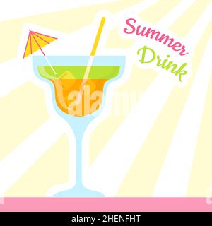 Glasses with cocktail inscription text Summer Drink with an umbrella, straw, with ice and several layers. Color beach picture banner, flyer, party invitation, postcard. Signage for a cafe. Vector Stock Vector