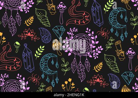 Mystic doodle wallpaper, witchcraft symbols crystal, shell, dreamcatcher, spider snake seamless pattern. Magician esoteric boundless ornament. Spiritual boho drawn print. Scrapbook occult witch vector Stock Vector