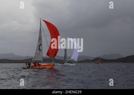 Bodrum,Turkey. 25 March 2018: Sailboats sail in windy weather in the blue waters of the Aegean Sea, on the shores of the famous holiday destination Bo Stock Photo