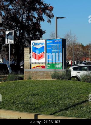 Chevron gas station gasoline prices sign in Union City, California Stock Photo