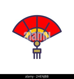 Oriental fan with a tassel. Pixel perfect, editable stroke color icon Stock Vector