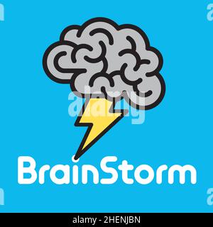 Brainstorm Idea concept illustration with brain and lightening bolt. Vector illustration of brain logo or badge with lightning and custom lettering. Stock Vector