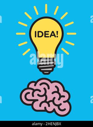Light bulb with human brain idea graphic. Vector illustration of illuminated light bulb combined with human brain for idea or eureka concept. Stock Vector