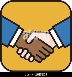 Handshake icon or logo business concept. Vector illustration of Caucasian and African American businessmen shaking hands in greeting or agreement. Stock Vector