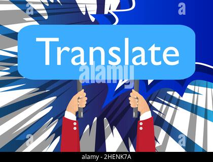 Hand holding banner with Translate text. Man showing billboard. Translation, translator, learning foreign language concept. Stock Vector