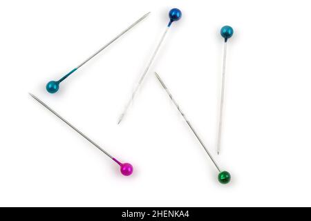 Color sewing push pins isolated on white background Stock Photo