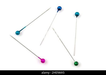 Color sewing push pins isolated on white background Stock Photo