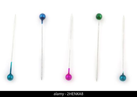 Color sewing push pins isolated on white background Stock Photo