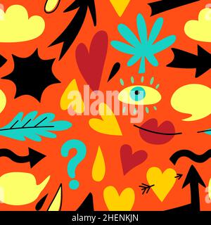 Seamless pattern with hand drawn doodle colorful design elements. Abstract simple shapes, hearts, arrows and leaves. Stock Vector