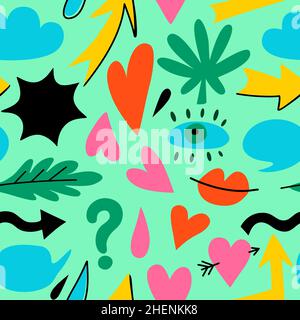 Seamless pattern with hand drawn doodle colorful design elements. Abstract simple shapes, hearts, arrows and leaves. Stock Vector