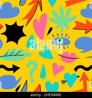 Seamless pattern with hand drawn doodle colorful design elements. Abstract simple shapes, hearts, arrows and leaves. Stock Vector