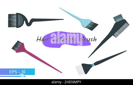 A set of brushes for coloring hair on the head. Hair color change. Tools for a beauty salon, hairdresser or stylist. In color version. Vector Stock Vector