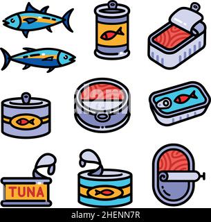 Tuna tin can color icons collection in simple flat style. Icons set of fish tin can. Vector icons for web design isolated on white background. Stock Vector