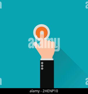 Hand pushing the orange button of ring doorbell on green background vector for graphic design, logo, web site, social media, mobile app, UI Stock Vector