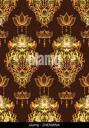Vector luxury seamless pattern with silhouette of a tiger head with a floral ornament. Texture with golden contour of roar formidable predator with lo Stock Vector
