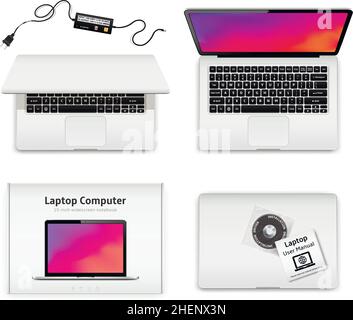 Notebook opened and closed, laptop in box Stock Vector