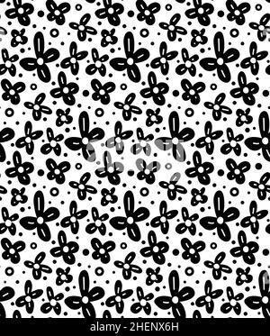 Monochrome seamless floral pattern with black small flowers and dots on a white background. Natural ditsy wallpaper. Vector texture with silhouette of Stock Vector
