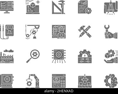 Set of Engineering and Manufacturing Grey Icons. Presentation, Tools, Project Plan, Working Line, Workplace, Engineer, Factory, Chip, Robotic Arm, Con Stock Vector