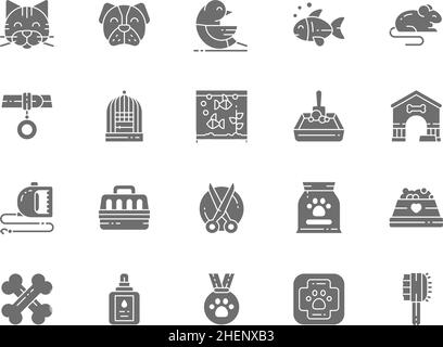 Set of Vet Clinic and Pet Shop Grey Icons. Cat, Dog, Bird, Parrot, Fish, Mouse, Aquarium, Medal, Tools, Scissors, Animal Medical Aid and more. Pack of Stock Vector