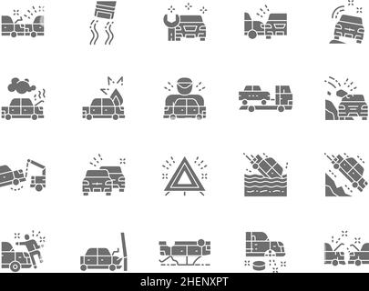 Set of Car Crash and Accidents Grey Icons. Service Station, Side Collision, Tow Truck, Evacuation, Traffic Jam, Emergency Stop Sign, Wheel Replacement Stock Vector
