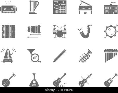Set of Musical Instruments Grey Icons. Piano, Drum Kit, Saxophone, Trombone, Banjo, Balalaika, Violin, Guitar and more. Pack of 48x48 Pixel Icons Stock Vector