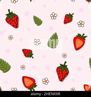 Seamless pattern. Cute colorful strawberries with leaves, flowers, stars. Stock Vector