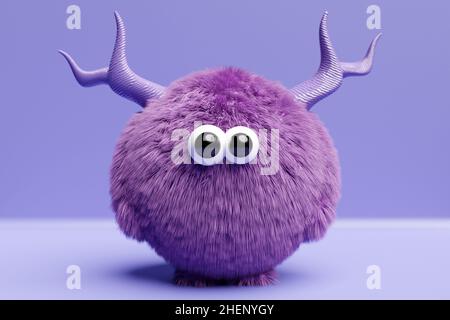 3d illustration of funny purple fluffy ball monster with horns on monochrome isolated background Stock Photo